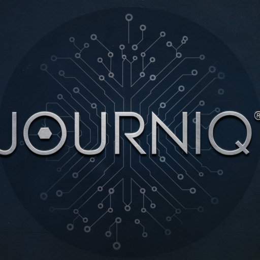 Journiq logo featuring metallic lettering against a dark background with circuit-board pattern radiating outward.